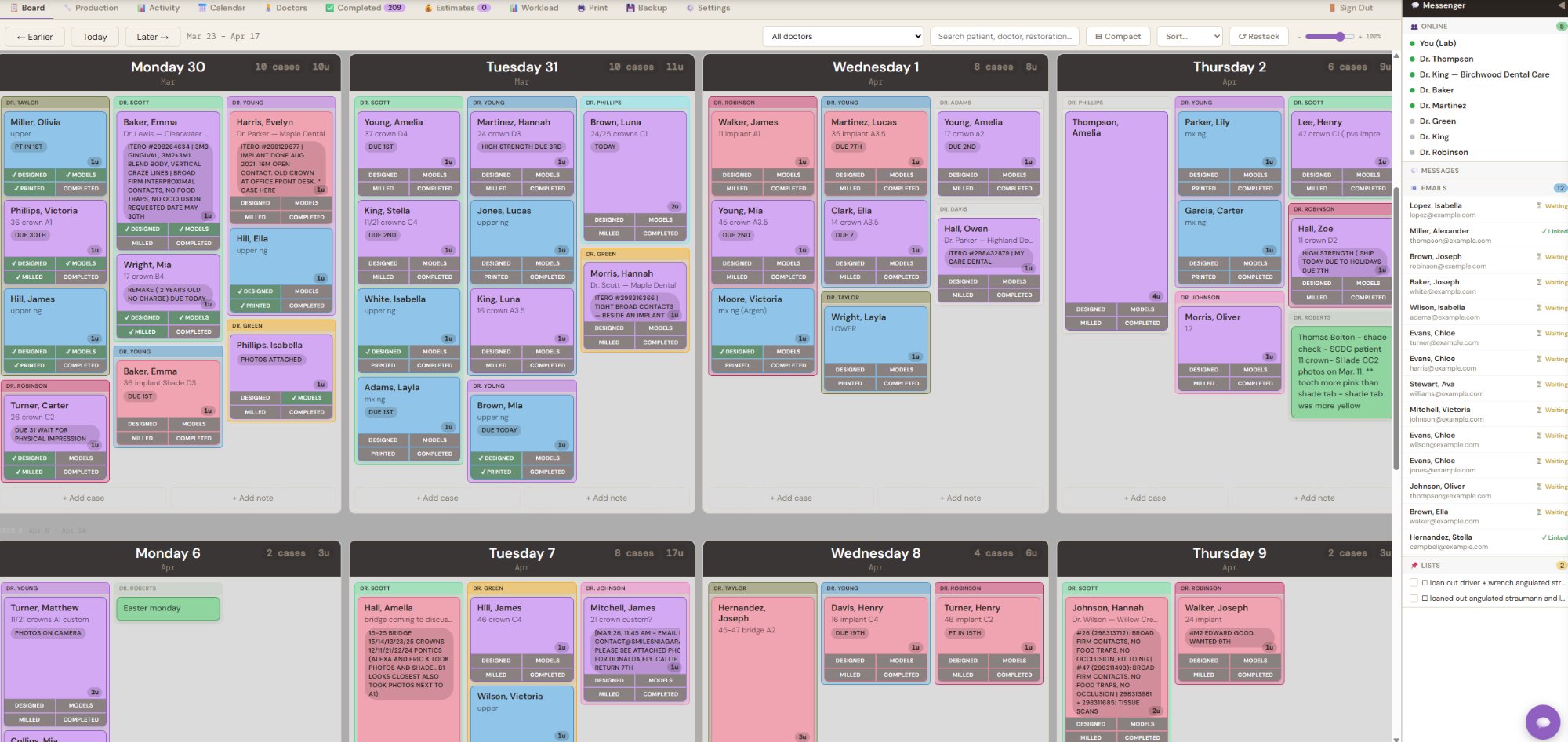 My Lab Board dental lab management dashboard showing cases color-coded by type across a two-week scheduling board with production tracking, real-time messenger, and shipping features